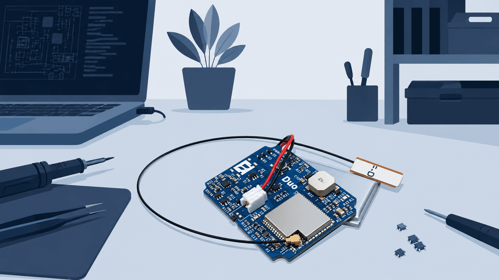 The first FlySys Duo electronics prototype on a workbench
