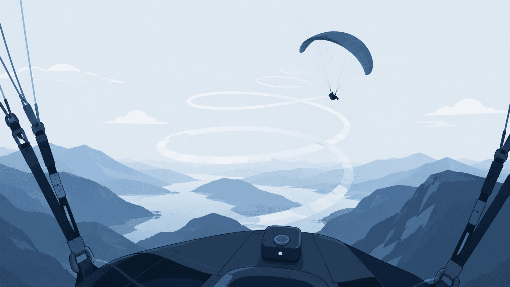 A paraglider pilot circling in rising air above a mountain landscape