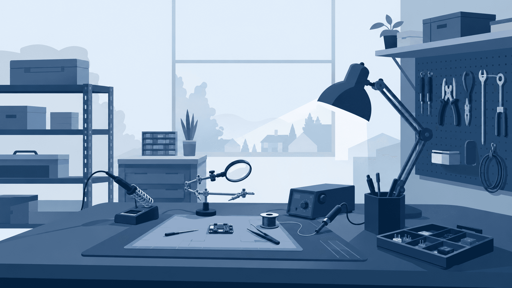 A modern electronics workbench where the FlySys project began again