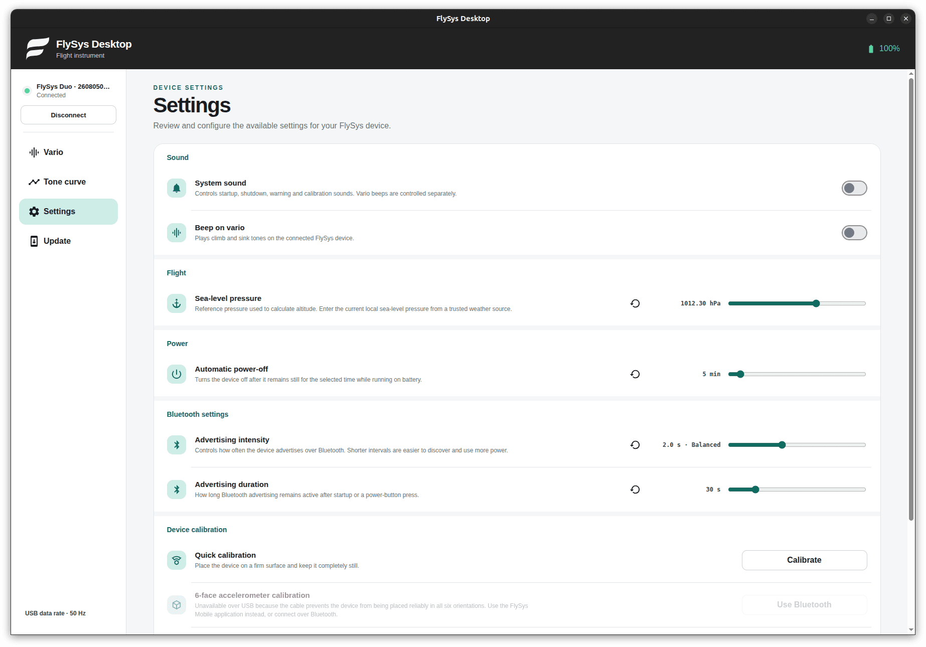 FlySys Desktop settings for sound, power, Bluetooth, and device calibration