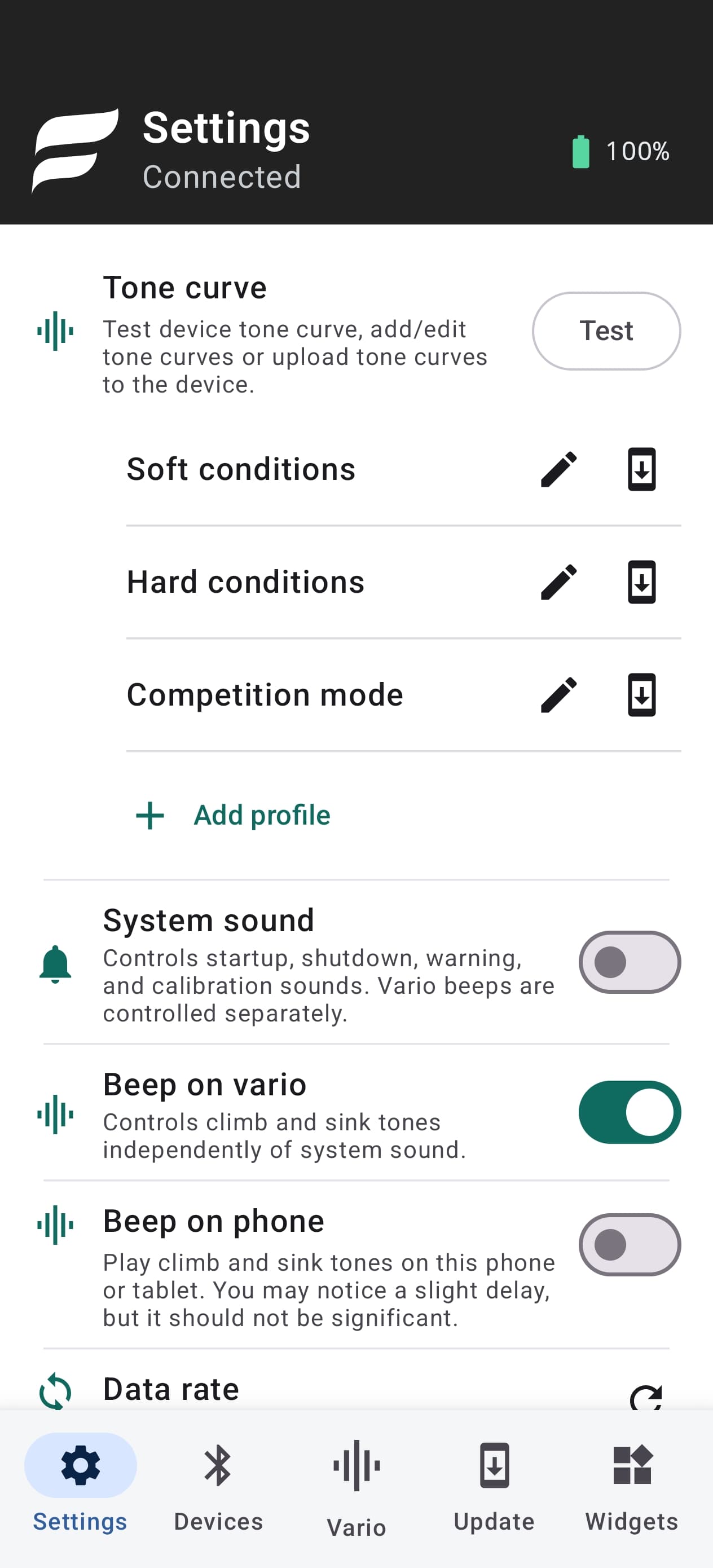 FlySys Mobile Settings screen with tone curve profiles and audio controls