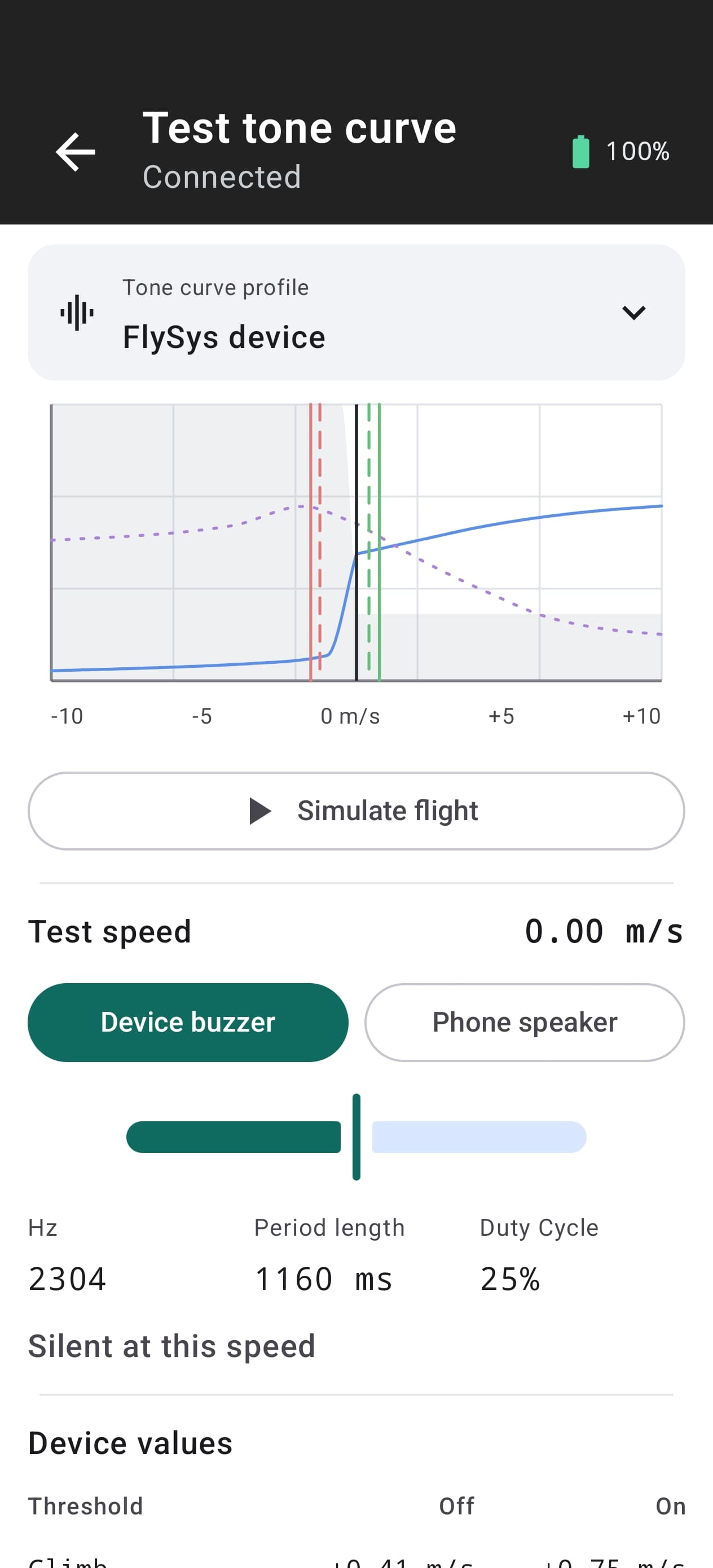 FlySys Mobile tone curve test with simulated flight and sound controls