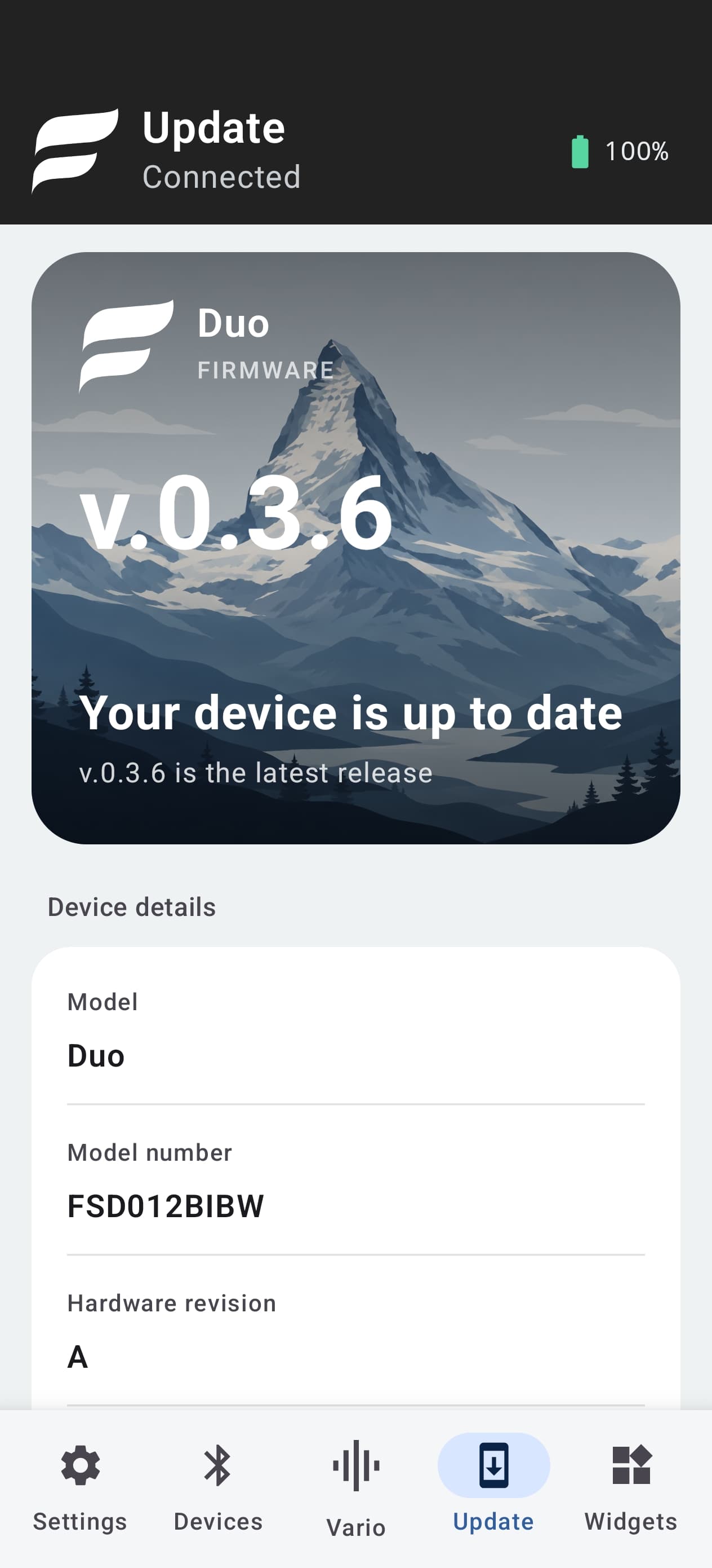 FlySys Mobile firmware update screen showing FlySys Duo is up to date