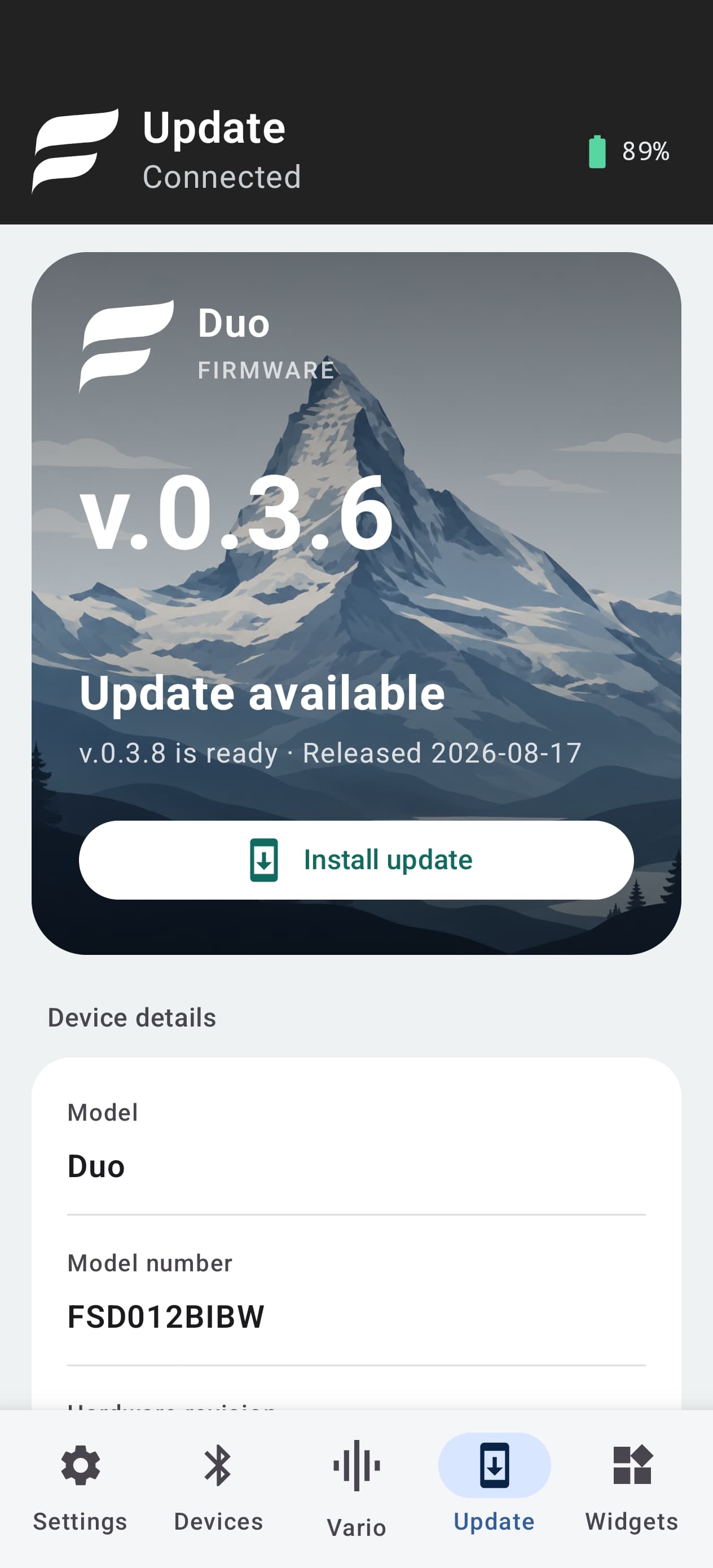 FlySys Mobile firmware update screen with an update available for FlySys Duo