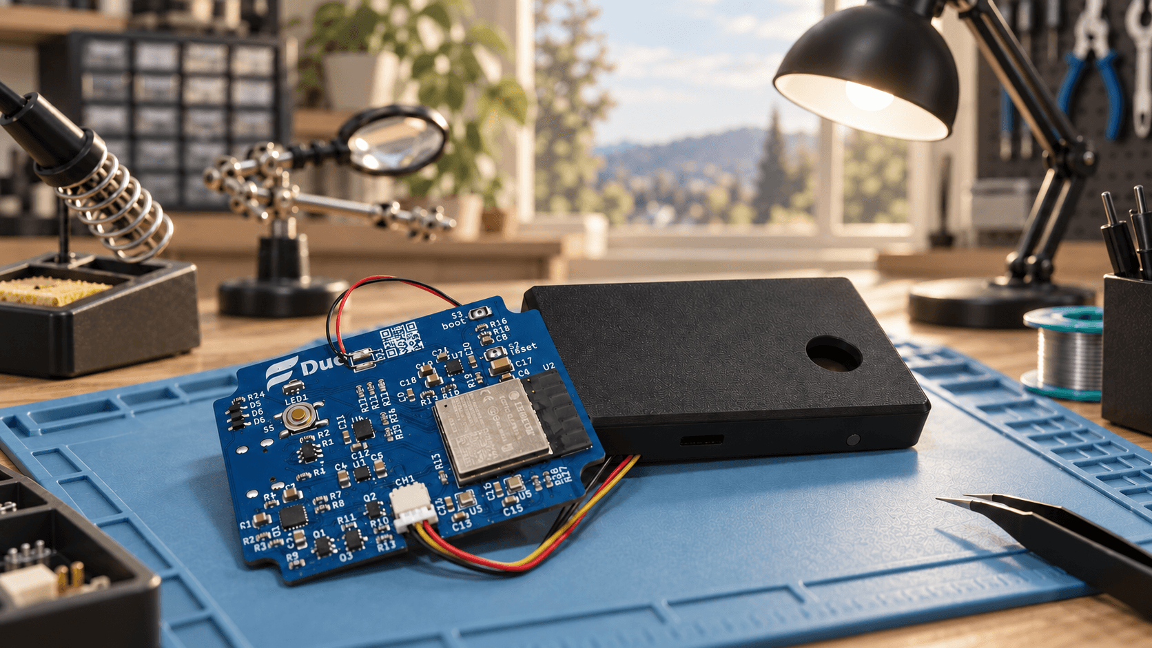 The third FlySys Duo prototype with its blue circuit board, wiring and black enclosure on a workshop bench